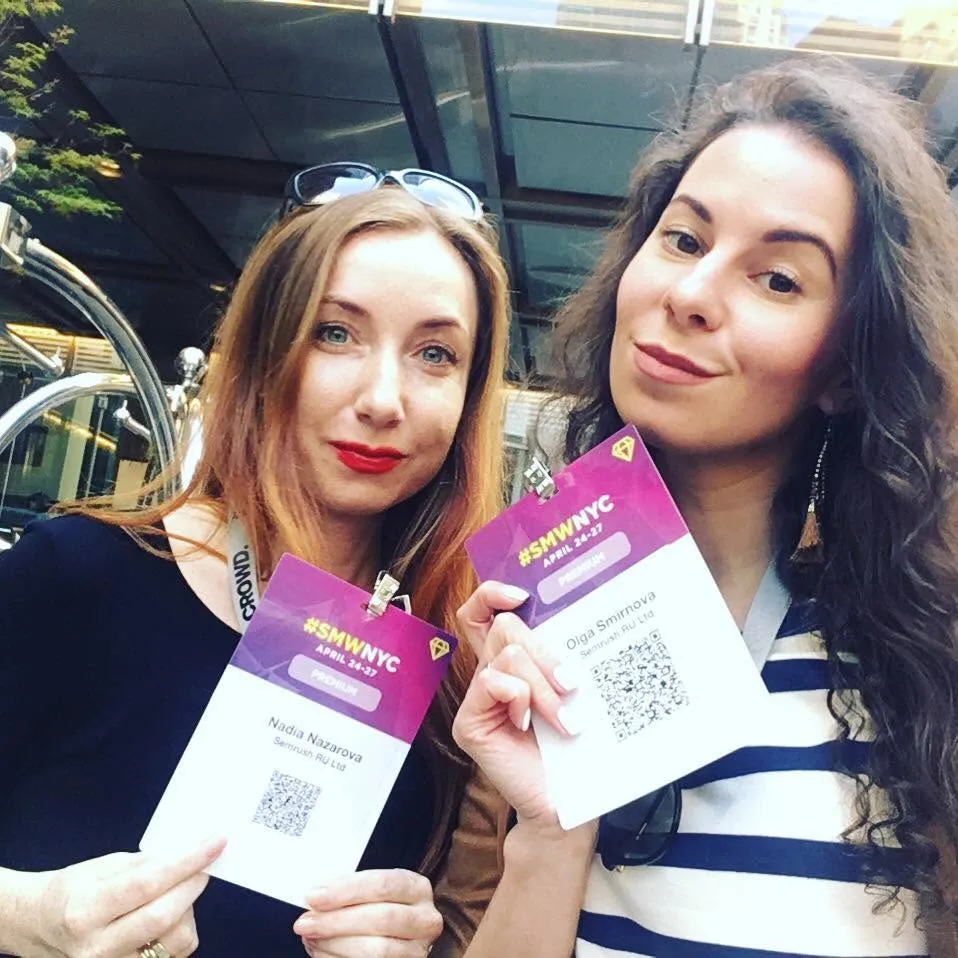 Nadia and Olga Smirnova with Social Media Week New York badges