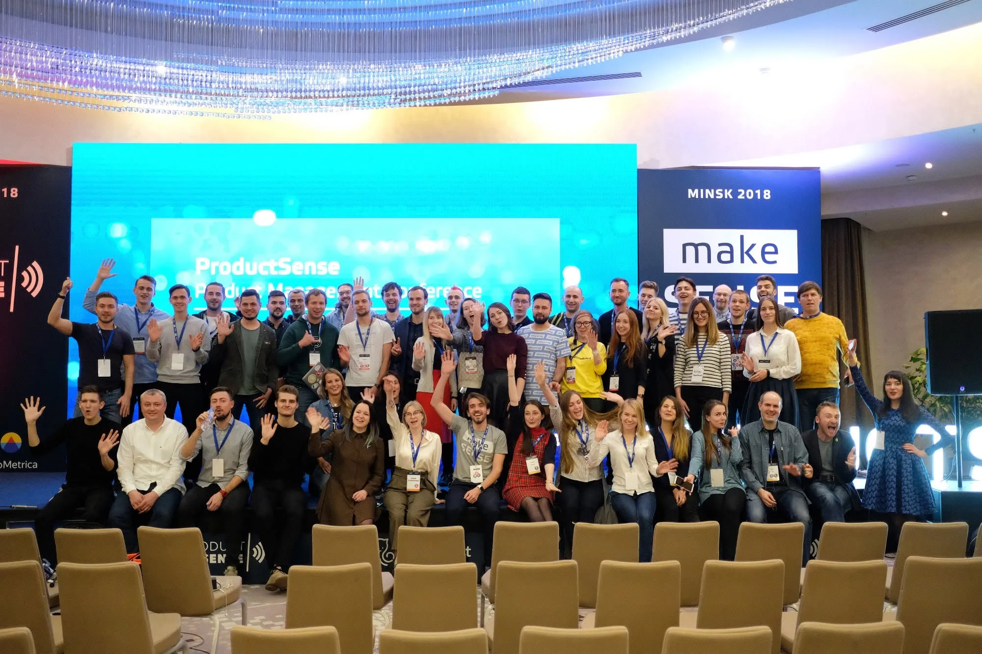 Group photo on stage at Product Sense Minsk 2018