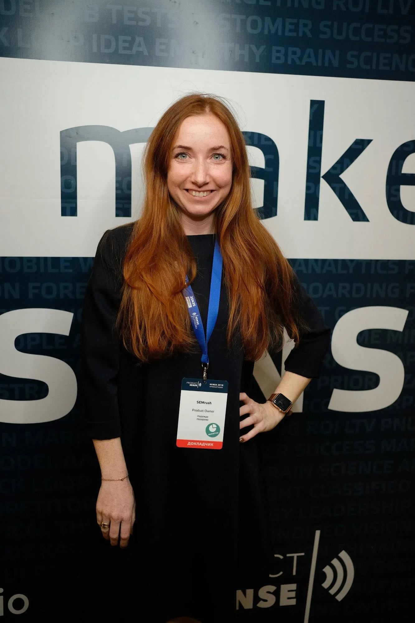 Nadia at Product Sense with a SEMrush speaker badge