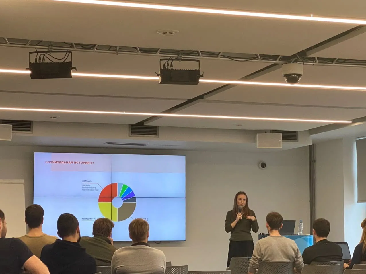 Nadia presenting a competitive analysis slide at a SEMrush talk