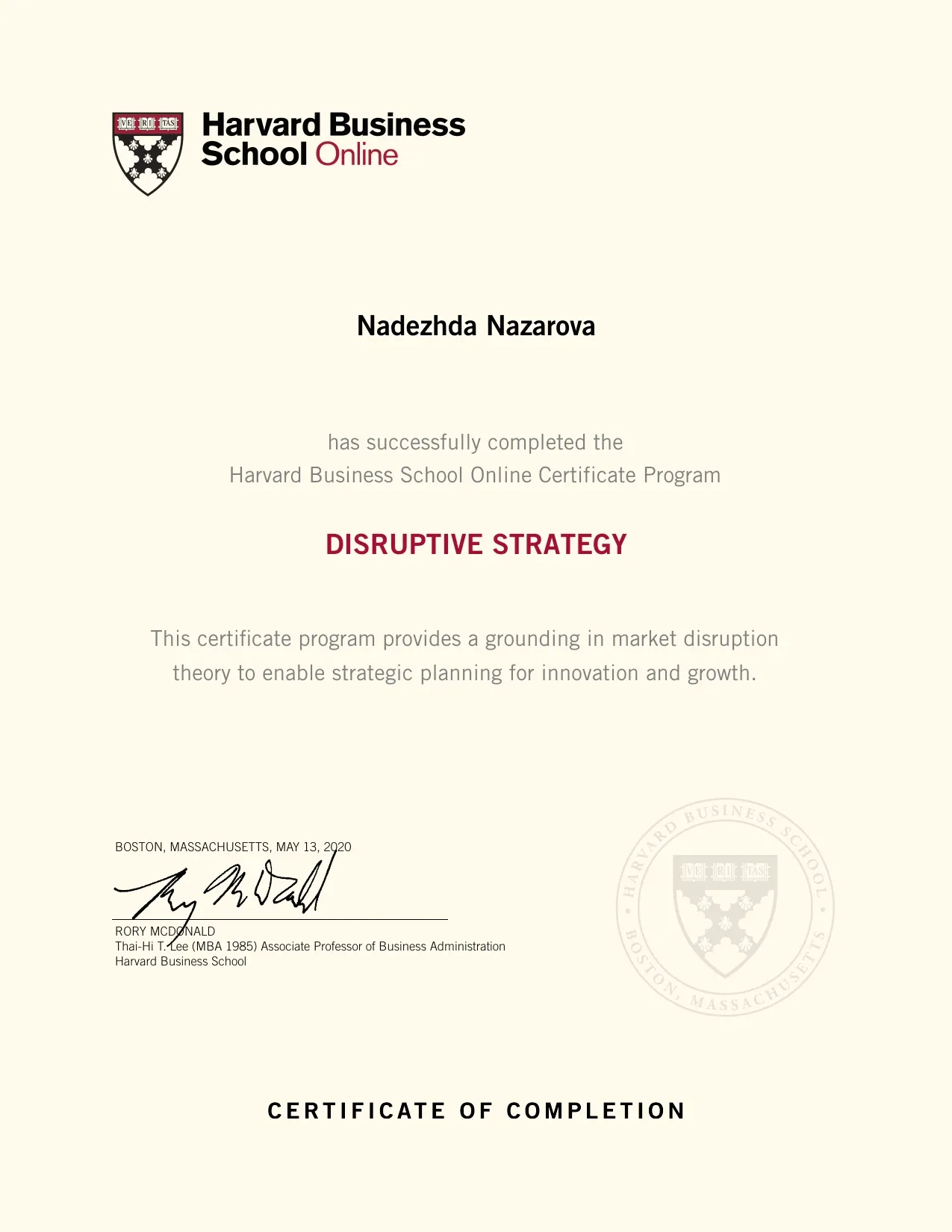 Harvard Business School Online certificate of completion for the Disruptive Strategy programme, dated May 2020