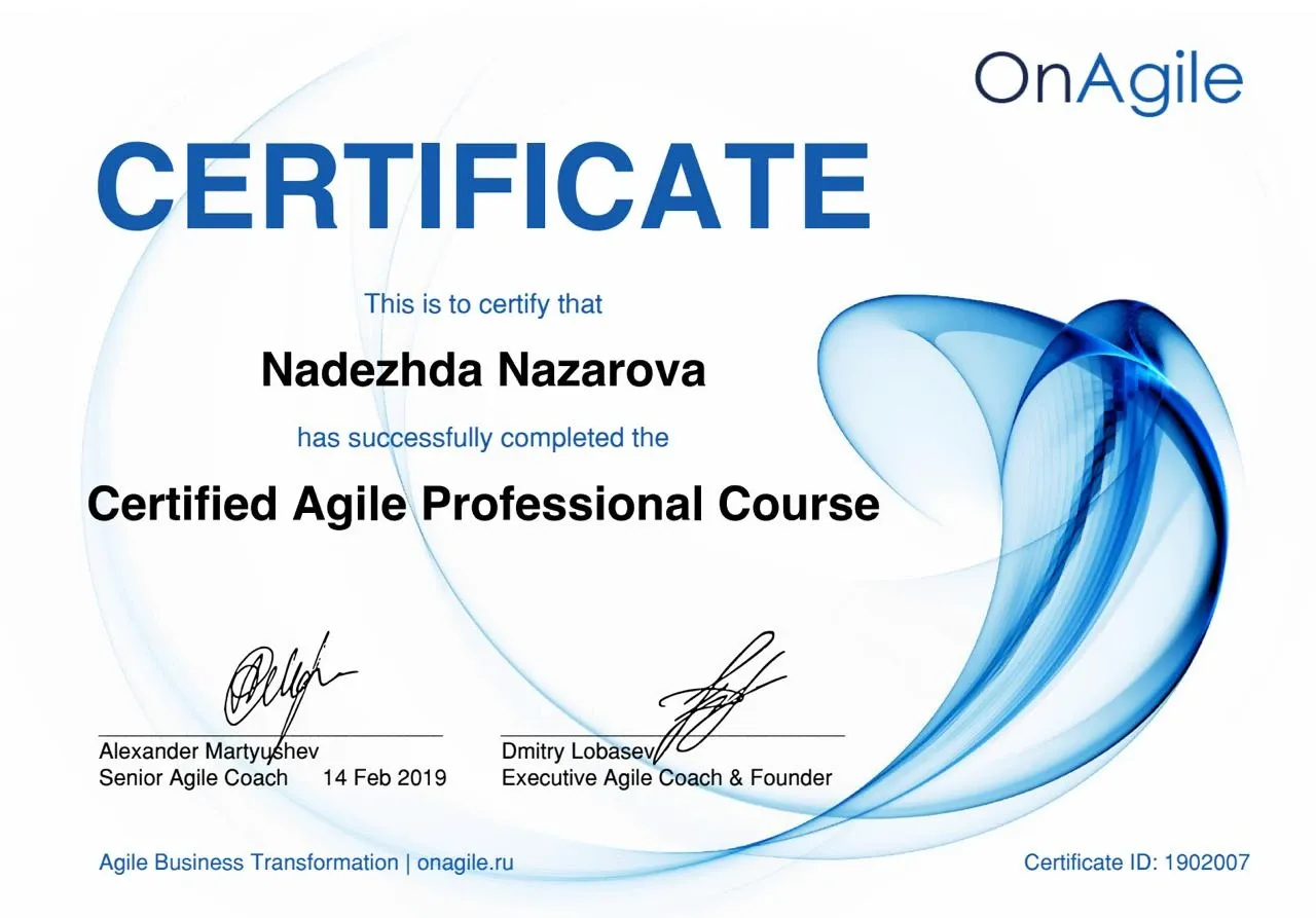 OnAgile certificate for the Certified Agile Professional Course, dated February 2019